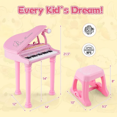 Miniatura 3 de Honey Joy - Piano mini clásico para niños con atril y taburete, piano electrónico portátil, instrumento musical educativo, juguete con micrófono