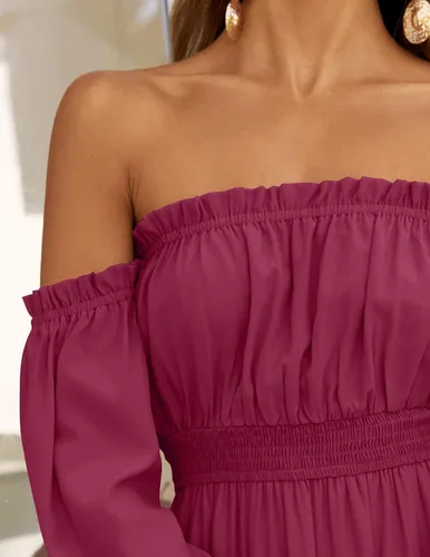 Miniatura 37 de ZESICA - Vestido largo, bohemio y sexy, con hombros descubiertos y manga larga fruncida, con elástico fruncido, cintura alta y abertura lateral