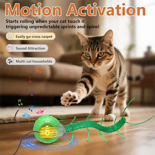 Miniatura 3 de Giociv Juguetes Interactivos para Gatos Aburridos, con Gorjeo, Movimiento de Ciempiés Despertar Súper Motor Pelota para Gatos en Alfombra