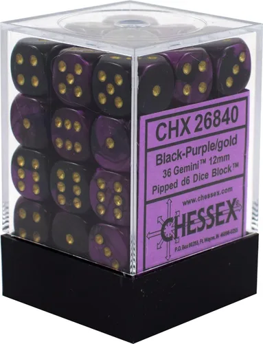 Chessex DND - Juego de dados poliédricos Géminis de 0.472 pulgadas, color negro, morado y dorado, para dados de Calabozos y Dragones, incluye 36