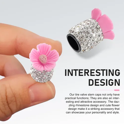 Miniatura 4 de 4 piezas de tapas de vástago de válvula brillantes, lindas válvulas de rueda de automóvil con flores de Sakura, atractivas cubiertas de aire