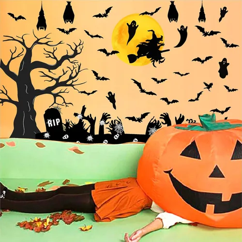 Miniatura 7 de Barri Design Calcomanías de pared de murciélago de Halloween, árbol de luna, bruja, calcomanías de pared extraíbles para Halloween, calcomanías