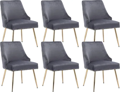 Miniatura 14 de KCC Juego de 2 sillas de comedor de terciopelo con forma de cabeza de clavo con patas doradas para cocina, sala de estar (gris)