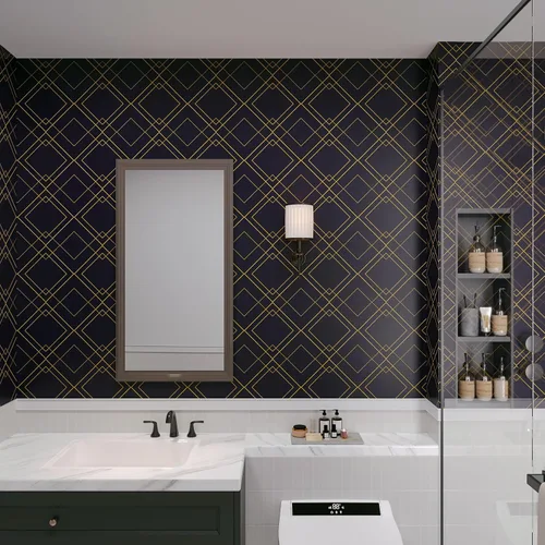 Miniatura 3 de CHIHUT Papel tapiz con forma de diamante negro y dorado para sala de estar, 17.7 x 236 pulgadas, papel tapiz moderno Art Deco para dormitorio, baño