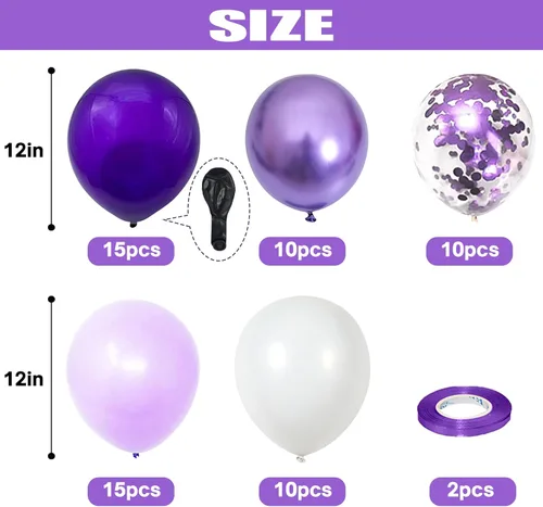 Miniatura 2 de Togvu Globos Morados y Blancos, 60 Paquetes de 12 Pulgadas Globos de Confeti Cromado Metálico Claro Oscuro para Niñas Mujeres Boda Cumpleaños Baby