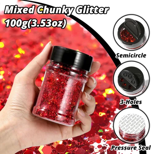 Miniatura 3 de HTVRONT Purpurina roja para manualidades, 3.53 oz de purpurina holográfica gruesa, purpurina iridiscente para resina, purpurina roja gruesa