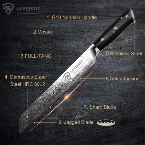 Miniatura 2 de Cuchillo de pan profesional de acero inoxidable japonés de Damasco de 8 pulgadas con mango negro Premium G10, cuchillo de cocina ergonómico
