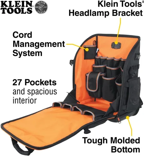 Miniatura 2 de Klein Tools 62482 - Mochila para herramientas Tool-Station Pro, organizador resistente con 27 bolsillos, interior grande, fondo moldeado, bolsa