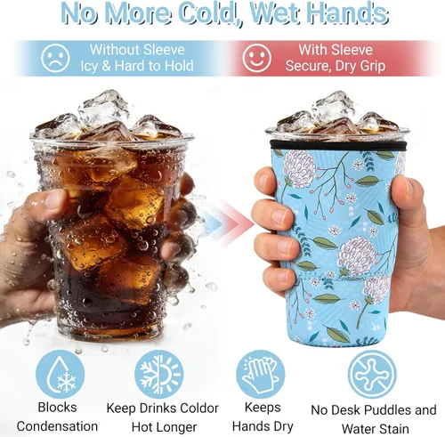 Miniatura 3 de Paquete de 3 fundas reutilizables de neopreno para café helado, a prueba de sudor y aisladas, se adapta a tazas de 16 a 32 onzas, protector
