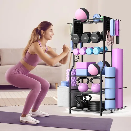 Miniatura 7 de Estante para mancuernas, almacenamiento de gimnasio en casa para pesas rusas, esterilla de yoga y equipo de entrenamiento de fuerza, estante