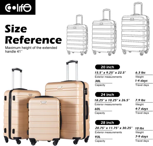 Miniatura 7 de Coolife - Juego de 3 maletas rígidas para equipaje, con ruedas giratorias, peso ligero, TSA Lock (candado integrado), Blanco
