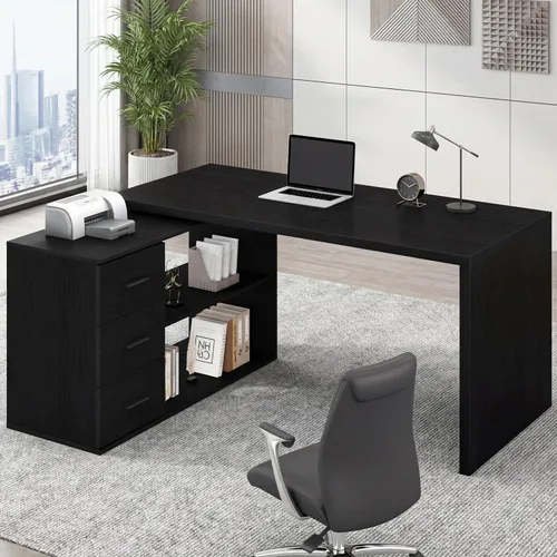 Miniatura 10 de HSH Escritorio Blanco en Forma de L con Cajones y Estantes, Escritorio de Esquina para Oficina en Casa en Forma de L con Gabinete de Almacenamiento