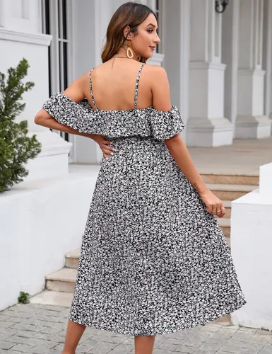 Miniatura 7 de KOJOOIN Vestido de maternidad para mujer, con volantes, manga corta, tirantes delgados, vestido floral, cuello en V, acampanado, vestido