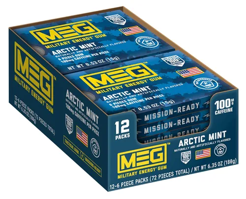 MEG (Military Energy Gum - Arctic Mint| Goma de cafeína energética | 100 mg de cafeína por pieza | Aumento del rendimiento de acción rápida - 12