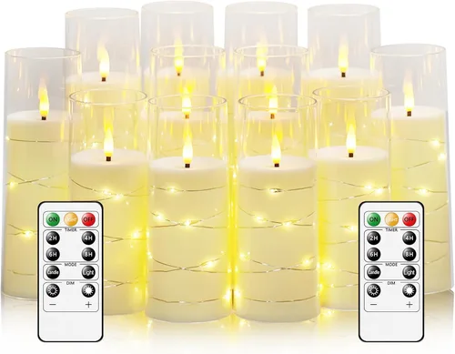 Miniatura 15 de Velas sin llama, con cadena de estrellas incorporada, velas operadas por baterías, velas LED parpadeantes, velas de pilar con control remoto