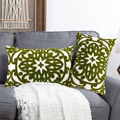 Miniatura 46 de Alysheer - Funda de almohada lumbar decorativa bordada 12" x 20", patrón de bordado clásico Boho Mandala, funda de cojín rectangular de algodón