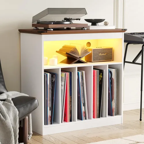Miniatura 8 de MHOM Farmhouse - Soporte grande para tocadiscos con tomas de corriente y luces LED, soporte para discos de vinilo con capacidad para hasta 150