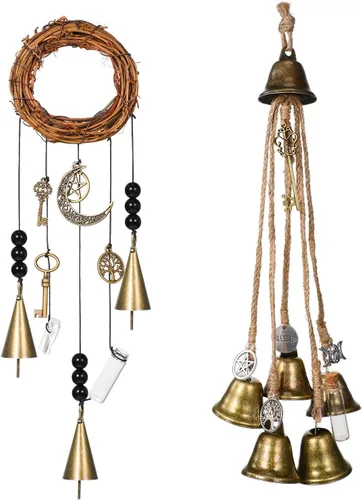 Miniatura 13 de Jetec 2 piezas de campanas de bruja para proteger las puertas, campanas de viento de bruja, corona hecha a mano para decoración de puerta del hogar