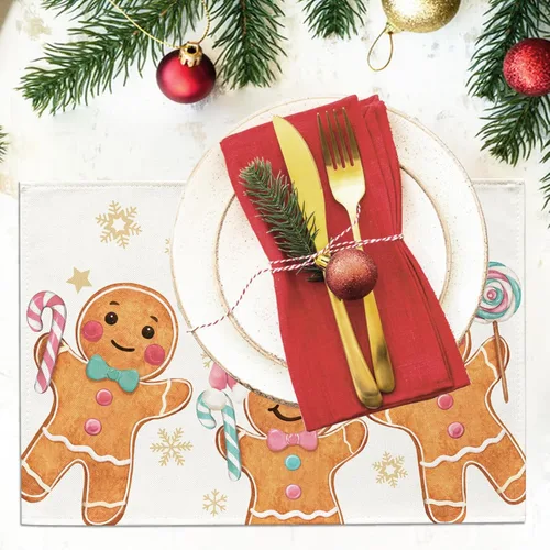 Miniatura 5 de Seliem Juego de 4 manteles individuales de hombre de jengibre con texto en inglés "Merry Christmas" con diseño de muñeco de jengibre, color rosa