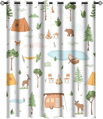 Miniatura 25 de Cortinas abstractas con estampado de cámper de caricaturas, divertido tema de aventura, campamento, montañas, vida silvestre, oso, tratamiento