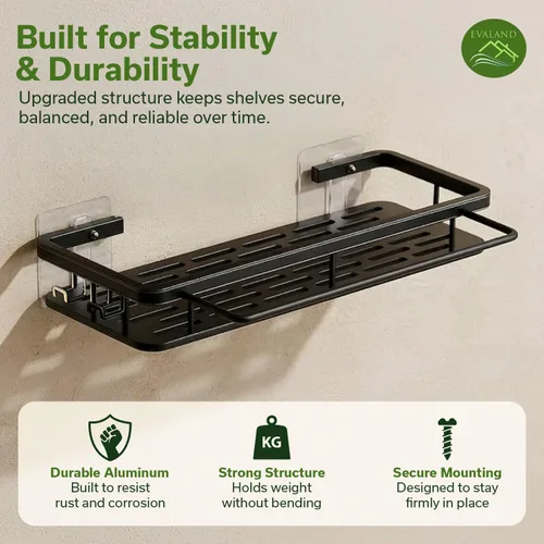 Miniatura 5 de EVALAND Paquete de 2 soportes adhesivos para ducha con ganchos y barra para toallas, color negro, estantes de ducha de baño de alta calidad