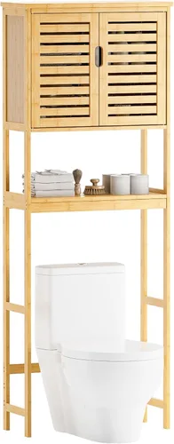 Miniatura 10 de SMIBUY Gabinete de Almacenamiento para Baño sobre el Inodoro, Organizador de Gabinete de 2 Puertas de Bambú, Estante de Inodoro Independiente