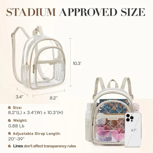 Miniatura 25 de Missnine Mochila transparente aprobada para estadios, mini bolsa transparente de PVC grueso con ribete de cuero para eventos deportivos, conciertos