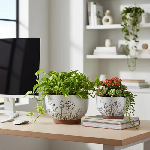 Miniatura 8 de Macetas suculentas de terracota, maceta de 6 pulgadas para plantas con orificio de drenaje, maceta de cerámica con patrón de hongos, macetas