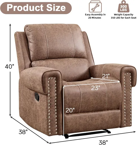 Miniatura 2 de EBELLO Silla reclinable individual manual, silla reclinable de piel sintética para adultos, sofá reclinable individual con relleno, remache vintage