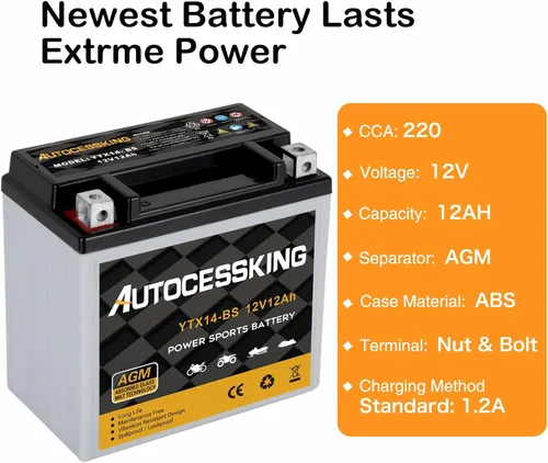 Miniatura 3 de Autocessking YTX14-BS Batería de Motocicleta 12V 12Ah, Batería AGM Sellada Recargable Libre de Mantenimiento Batería de Repuesto Powersport para ATV