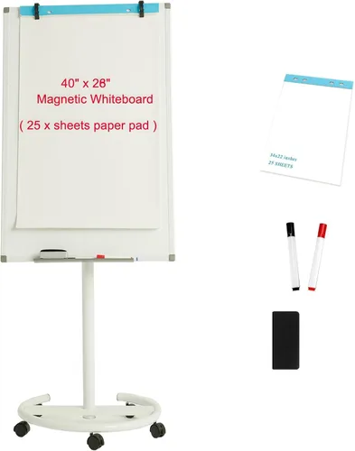 Miniatura 9 de BIBOC Pizarra blanca móvil grande de borrado en seco de 32 x 48 pulgadas con soporte rodante, pizarra blanca ajustable de altura de doble cara