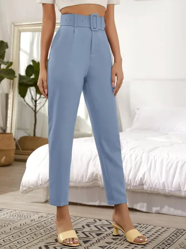 Miniatura 3 de MakeMeChic Pantalones cónicos de cintura alta con cinturón y bolsillos para mujer