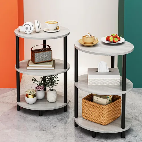 Miniatura 30 de Mesa auxiliar redonda pequeña – Mesa auxiliar ovalada de 3 niveles para espacios pequeños, mesa auxiliar de sofá de madera rústica y metal, mesita