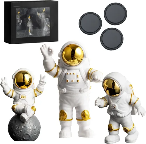 Miniatura 11 de Juego de 4 piezas de decoración de estatua de astronauta, adorno de figura de astronauta de poliresina azul, 3 piezas de espejo y 1 llavero