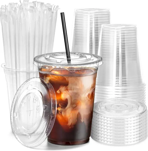 Miniatura 10 de Fit Meal Prep Paquete de 100 Vasos de Plástico para Café Helado de 12 oz con Tapas Planas y Pajitas Negras, Vaso Transparente Desechable, Vaso Libre
