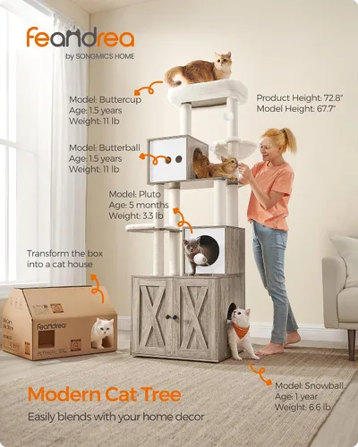 Miniatura 2 de Feandrea Árbol para gatos con recinto para caja de arena, torre para gatos moderna 2 en 1, condominio para gatos de 70.8 pulgadas de alto con postes