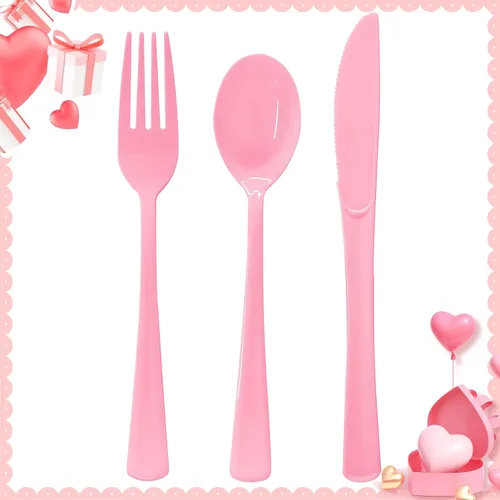 Miniatura 33 de 150 piezas de juego de cubiertos de plástico rosa resistente - 50 tenedores, 50 cuchillos, 50 cucharas para cumpleaños, boda, baby shower, despedida