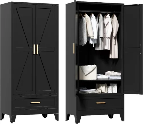 Miniatura 11 de Washsemba 180 cm de armario de metal para casa rural con barra para colgar, 2 armarios de granero con estantes ajustables, cajón, para comedor