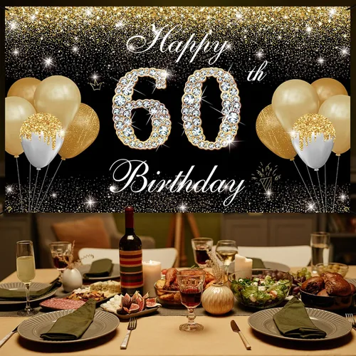 Miniatura 4 de Decoraciones de feliz cumpleaños 60 para hombres y mujeres – Cartel de fondo de cumpleaños 60 negro y dorado, cartel de patio, accesorios de cabina