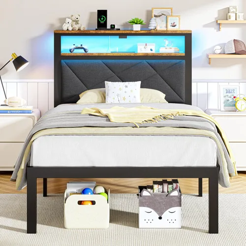 Miniatura 9 de ChicZhiNest Marco de cama individual con cabecero LED y estación de carga USB incorporada, cama de metal tapizada en lino con respaldo y estantes
