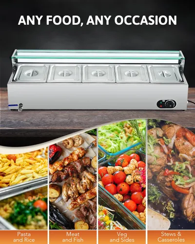 Miniatura 7 de WILPREP Calentador de alimentos comercial de 5 bandejas, mesa de vapor de 50 cuartos de galón, bandeja de calentamiento eléctrico de 1200 W