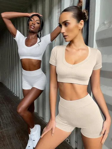 Miniatura 6 de GXIN Conjunto de 2 piezas de entrenamiento para mujer, sin costuras, acanaladas, de manga corta, de cintura alta, pantalones cortos para correr