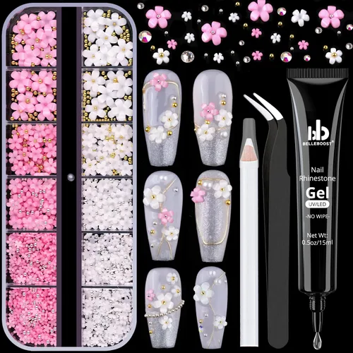 Miniatura 16 de Dijes para uñas 3D, kit de manicura con gel de pegamento de diamantes de imitación para uñas (curado UV), mariposa blanca rosa flor gemas AB 03-2