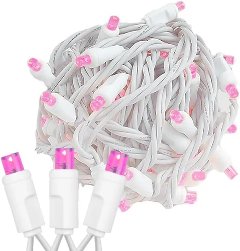 Novelty Lights Guirnalda de luces de Navidad de 25 pies, 50 bombillas LED rosas en cable blanco, espacio de 6 pulgadas, iluminación conectable de