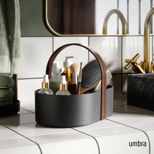 Miniatura 2 de Umbra Bellwood Caddy, organizador para maquillaje y cosméticos, contenedor ligero y duradero con mango de madera y divisores extraíbles, pequeño