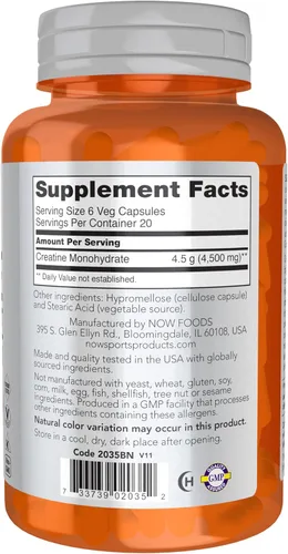 Miniatura 2 de NOW Nutrición Deportiva, Monohidrato de Creatina 750 mg, Edificio Masivo*/Producción de Energía*, 120 Cápsulas Vegetales