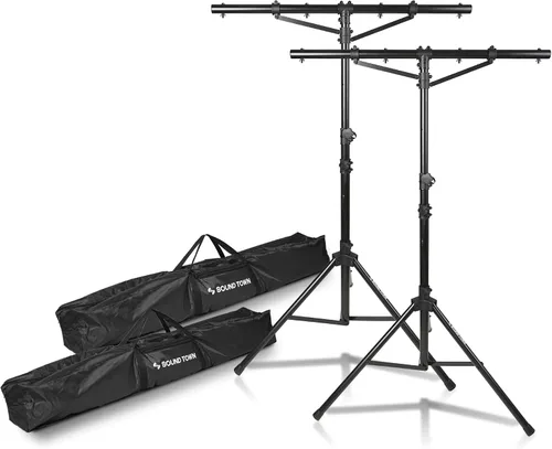 Sound Town Paquete de 2 soportes de iluminación para DJ, altura ajustable, 9 pies de alto, con barra en T y base de trípode (STLS-T09-PAIR)