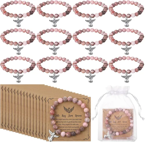 Quelay Juego de 12 pulseras de ángel con tarjeta de felicitación y bolsa de organza, pulseras inspiradoras de piedra natural rosa inspiradora,
