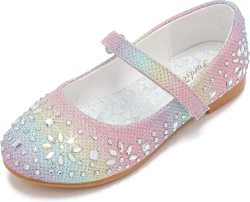 Furdeour Girls Dress Shoes Mary Jane Flower Wedding Party Bridesmaids Shoes Glitter Princess Ballet Flats for Kid Toddler