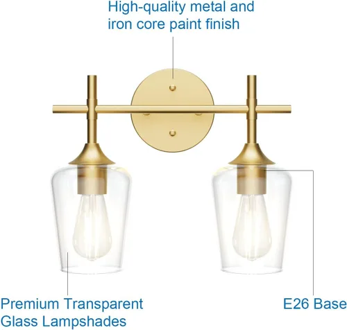 Miniatura 6 de Ralbay Lámparas de baño doradas 2 luces con vidrio transparente, iluminación moderna de montaje en pared, iluminación industrial de granja, luces
